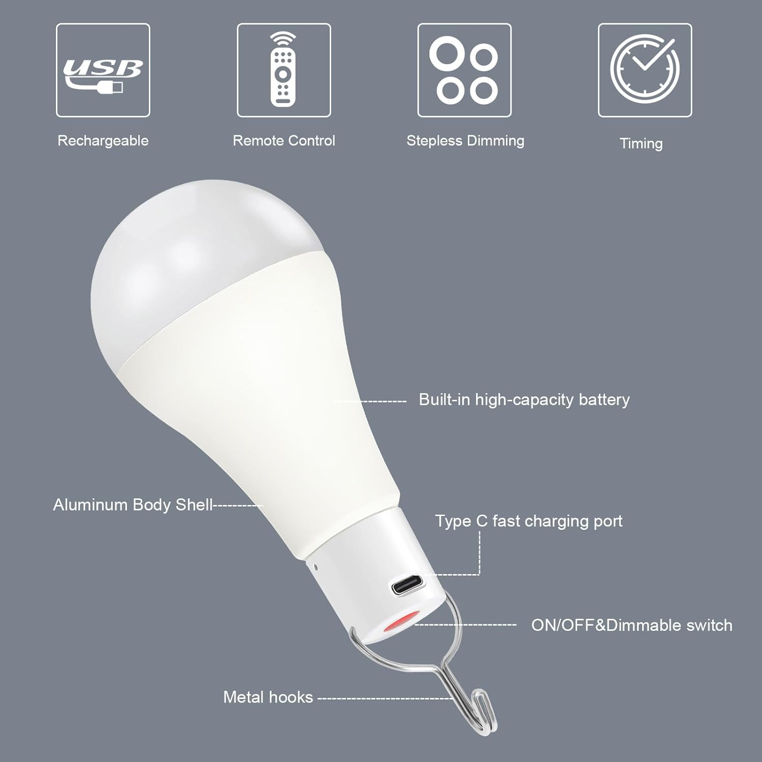 USB Rechargeable Light Bulbs with Remote Dimmable Timing 3000mAh Rechargeable Battery Portable LED Tent Light Bulbs for Home Emergency Camping Tent Hiking Hurricane Outage (Soft White 2 Pack)