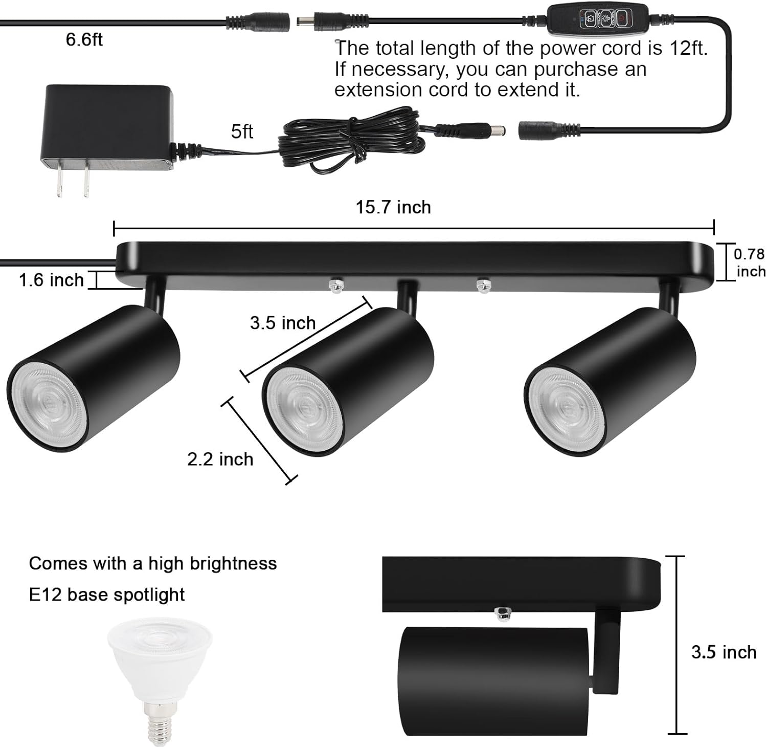 Plug in Track Lighting Track Light Fixtures with Power Cord Wall Spotlight Flexibly Rotatable Heads Plug in Ceiling Lights for Kitchen Cabinet Gallery Bar Living Room 15W 3000K(Black, 3 Heads)
