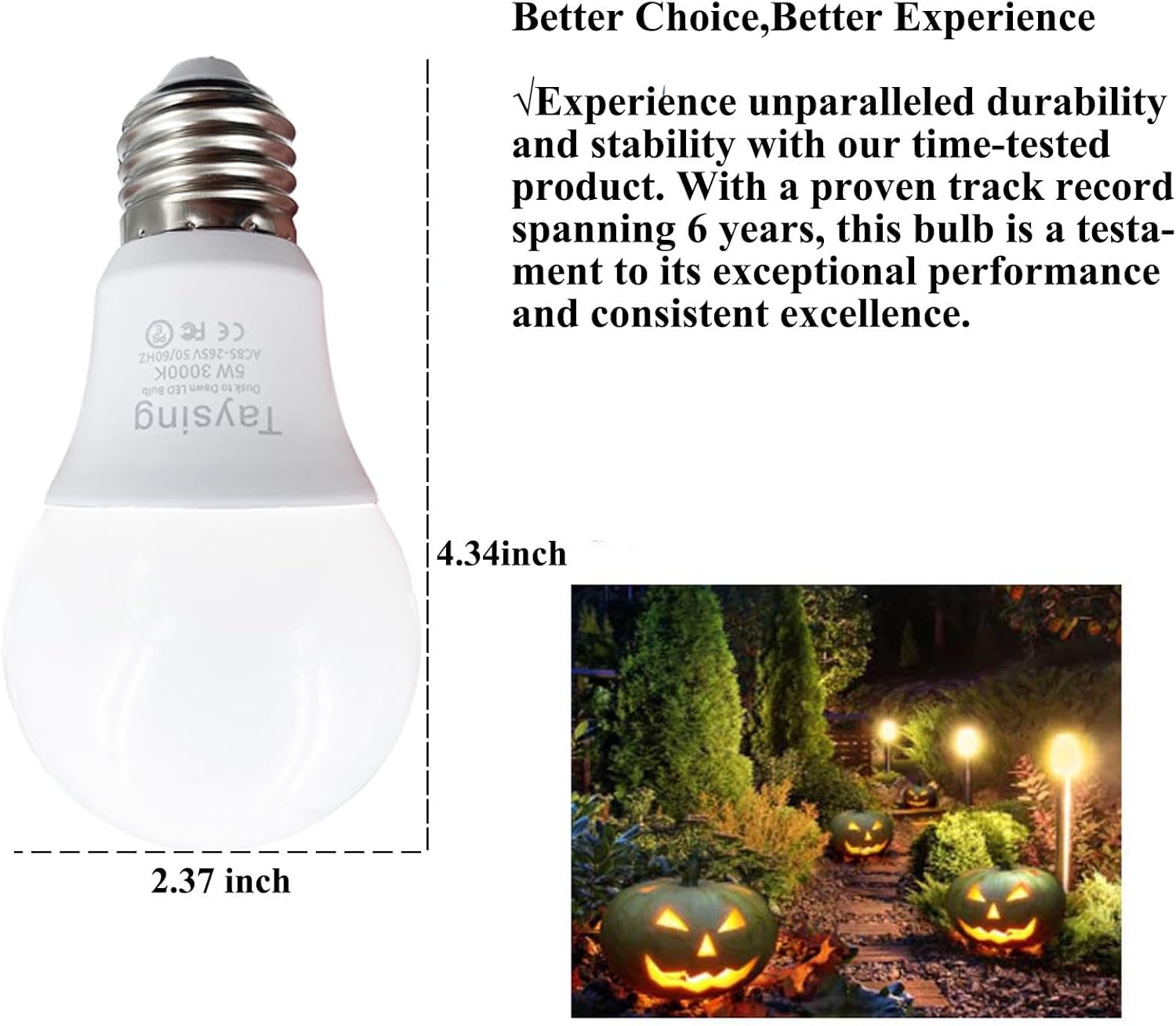 Taysing Dusk to Dawn Light Bulbs Auto On/Off 40 Watt Equivalent Smart Light Sensor LED Bulb Security Bulb Outdoor Night Light Bulb Garage Porch 5W 500lm E26 Soft White 2 Pack