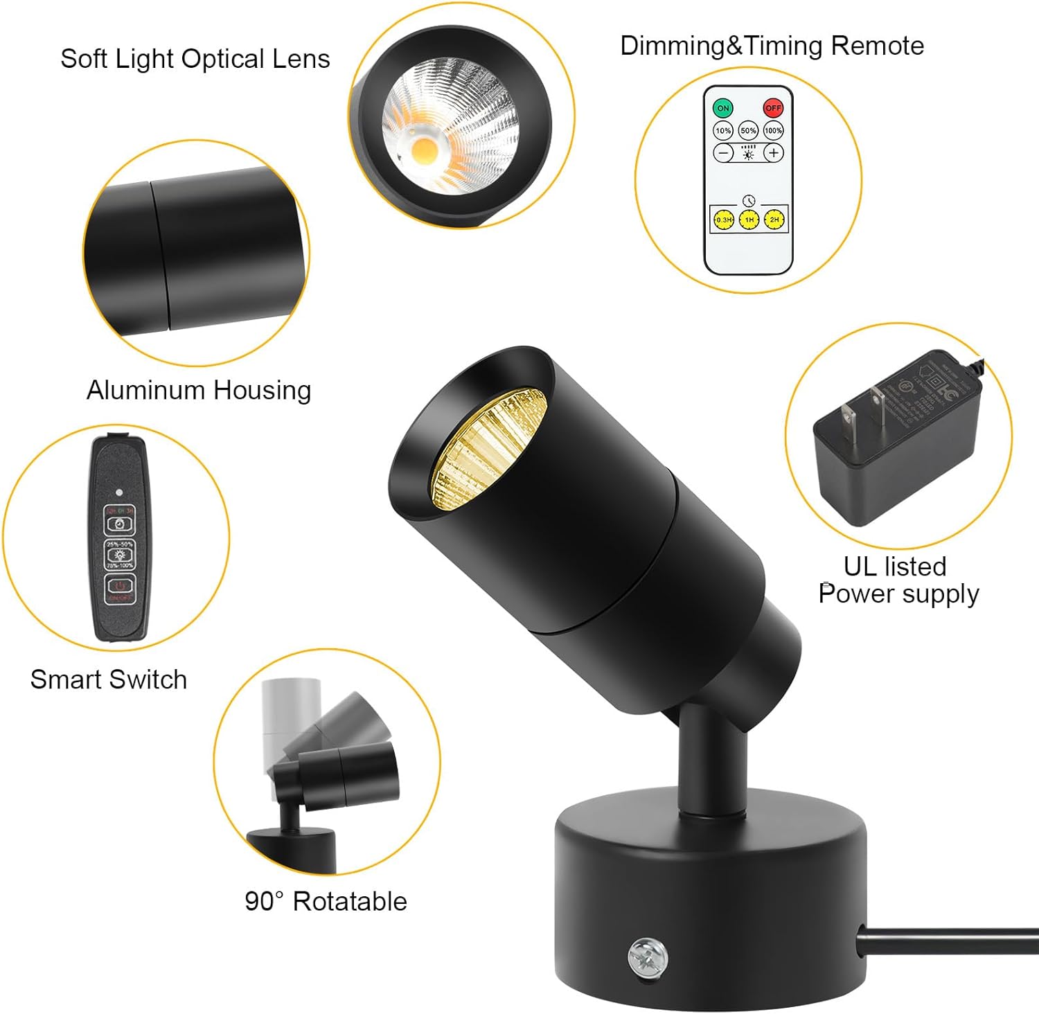 LED Spot Lights Up Lights Indoor Plug in 5W 3000K 13ft Cord Dimming Timing Wireless Controller Uplighting Floor Spotlight Uplights Indoor Accent Light Ambient Lights for Plants Pictures Artwork