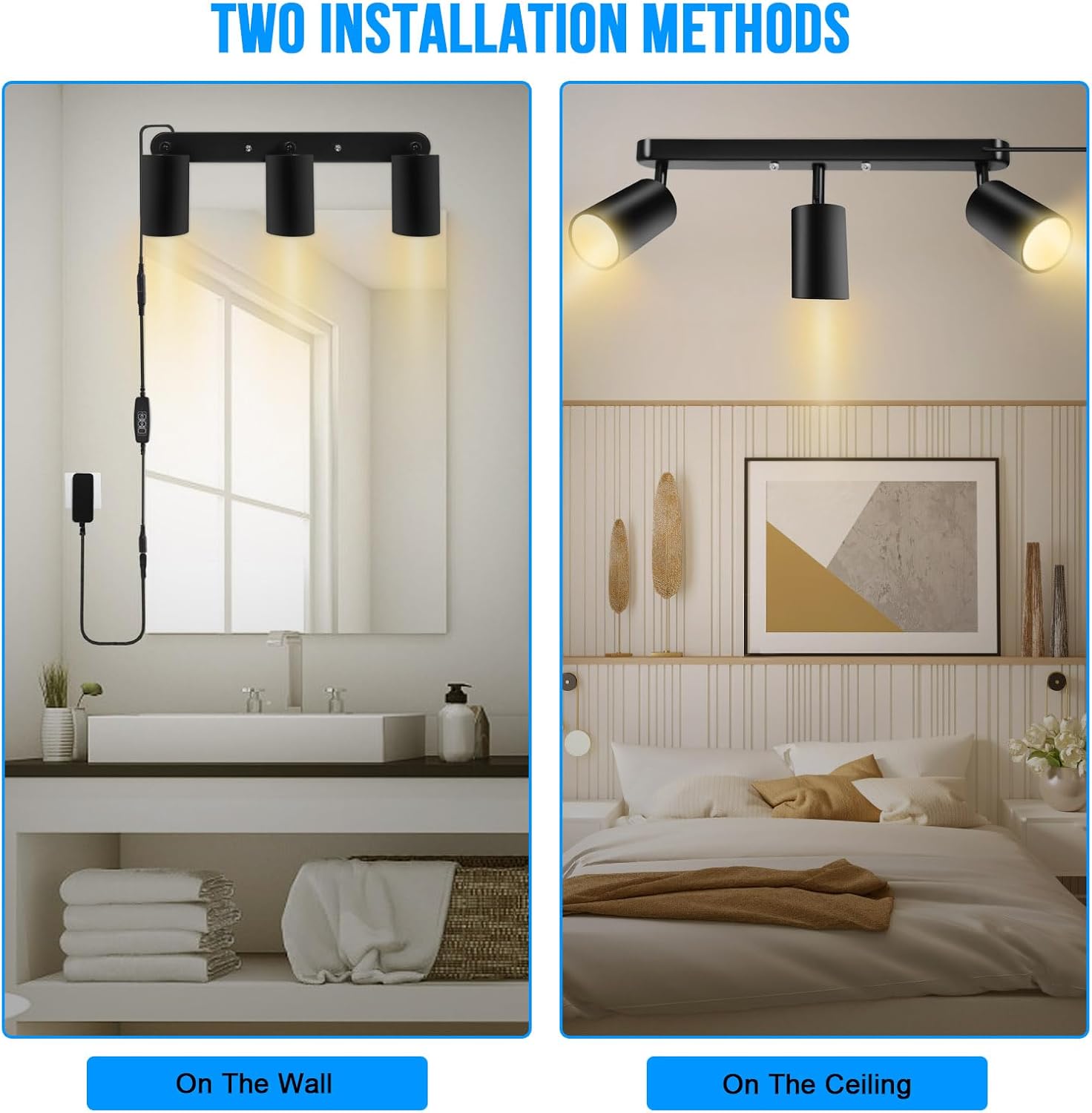 Plug in Track Lighting Track Light Fixtures with Power Cord Wall Spotlight Flexibly Rotatable Heads Plug in Ceiling Lights for Kitchen Cabinet Gallery Bar Living Room 15W 3000K(Black, 3 Heads)
