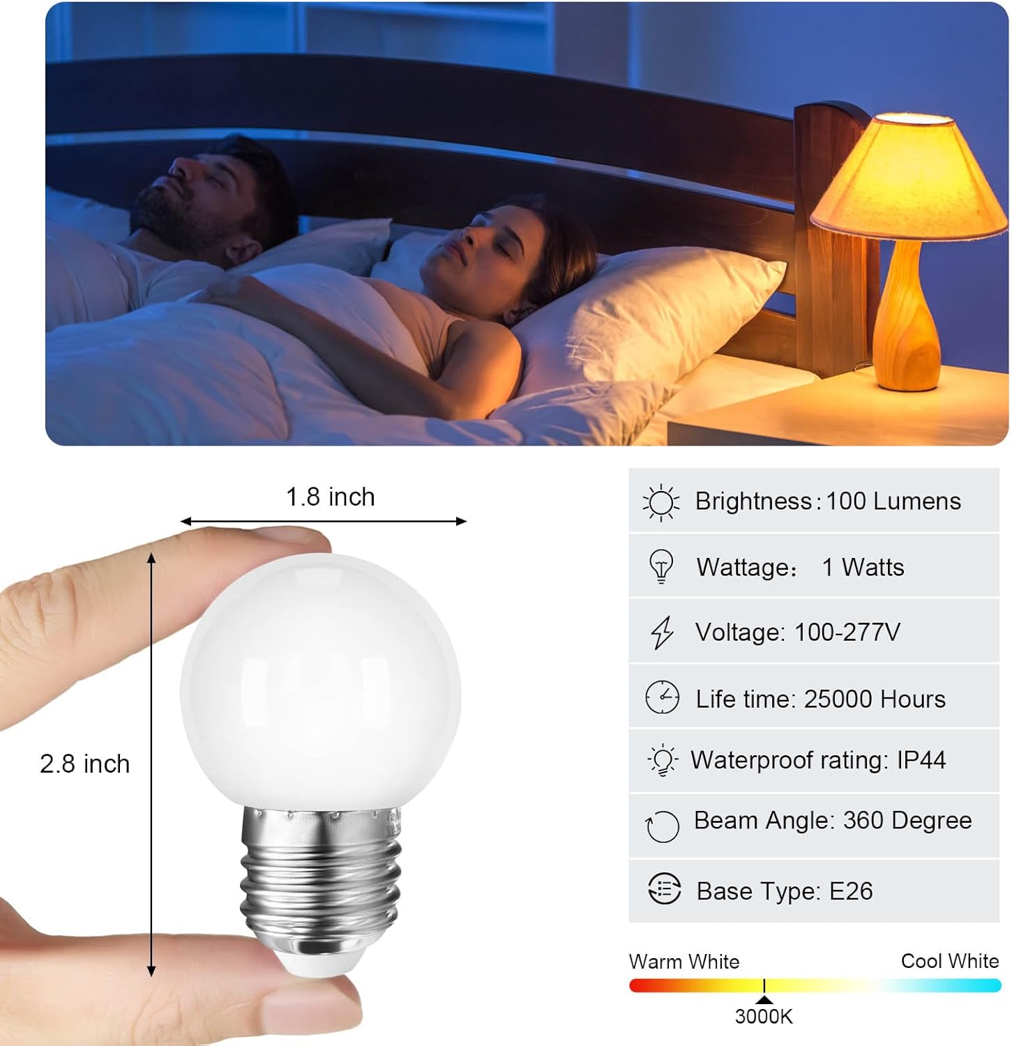 Taysing LED Night Light Bulb G14 1 Watt Low Wattage Globe Small 10W Equivalent E26 Medium Screw Base Bathroom Vanity Porch Outdoor String Light Bulbs 6 Pack 3000K