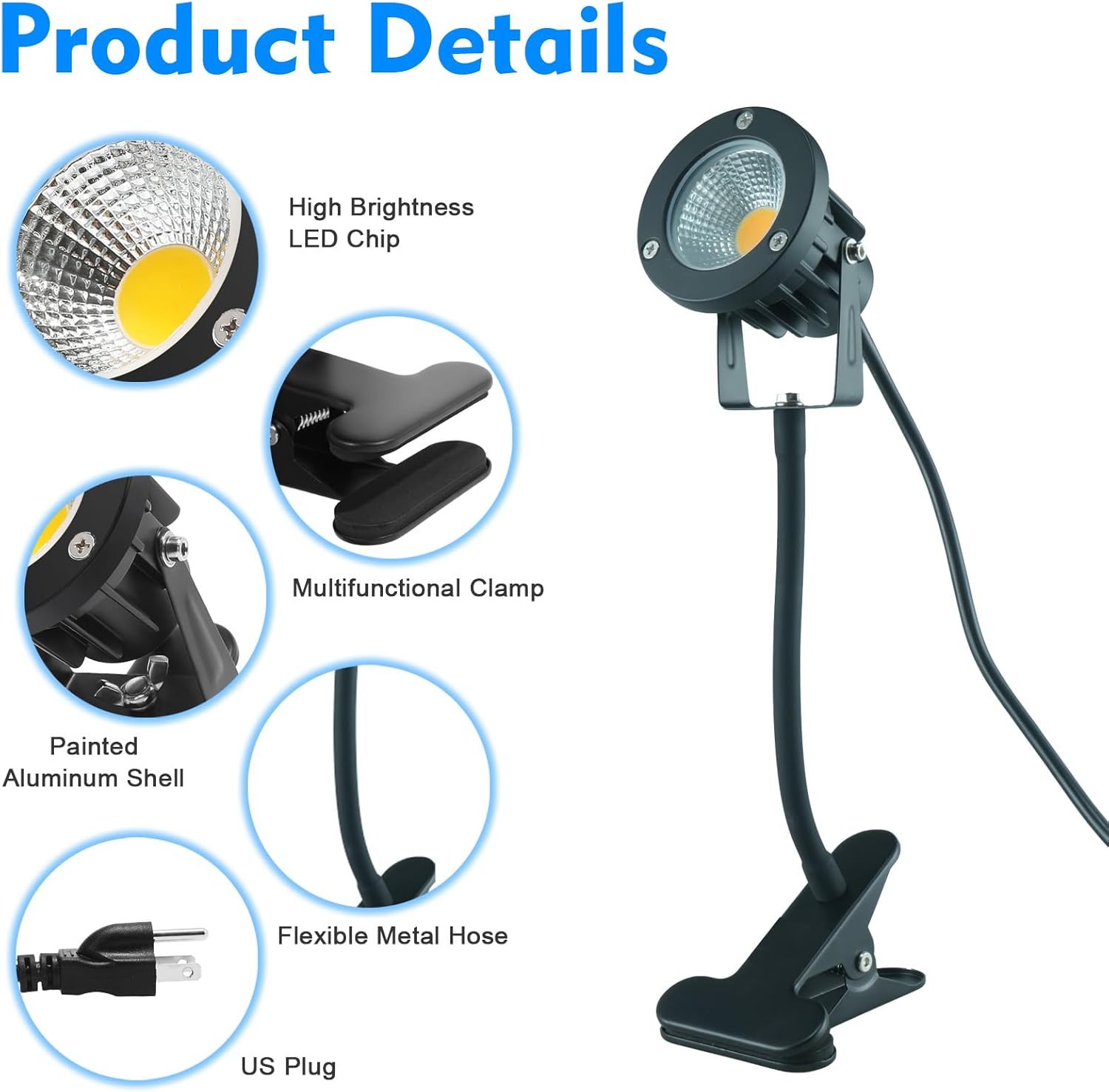 LED Spot Lights Plug in Outdoor Indoor Light 7W 3000K 9.8ft Power Cord Waterproof Landscape Lights Spotlight with Clip and Metal Hose for Plants Yard Garden Accent Lighting Ambient Light