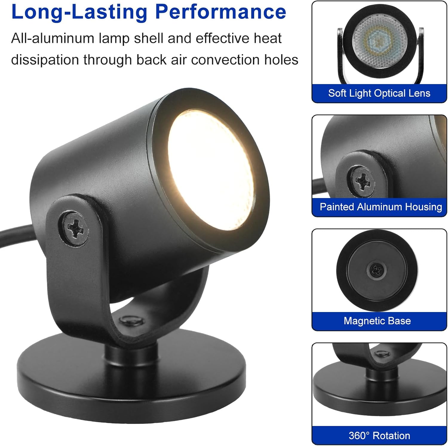 LED Spotlight Indoor 2W USB Powered 360 Degree Rotating Mini Display Accent Light for Pictures Paintings Plants Shelves Cabinet Showcase, 3 Pack Warm White 3000K