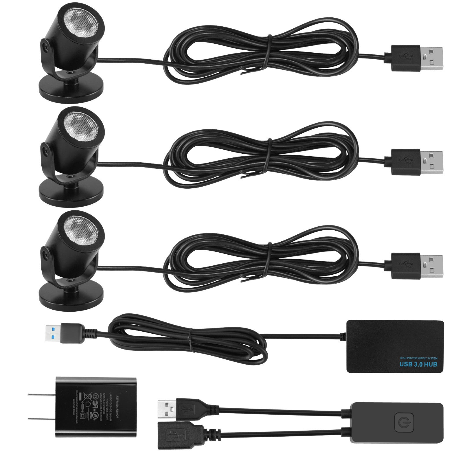 LED Spotlight Indoor 2W USB Powered 360 Degree Rotating Mini Display Accent Light for Pictures Paintings Plants Shelves Cabinet Showcase, 3 Pack Warm White 3000K