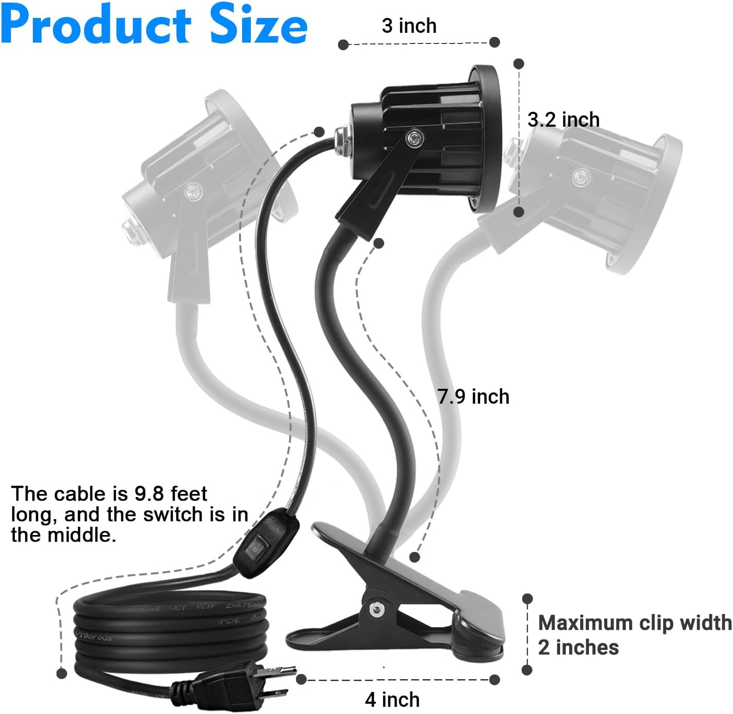 LED Spot Lights Plug in Outdoor Indoor Light 7W 3000K 9.8ft Power Cord Waterproof Landscape Lights Spotlight with Clip and Metal Hose for Plants Yard Garden Accent Lighting Ambient Light