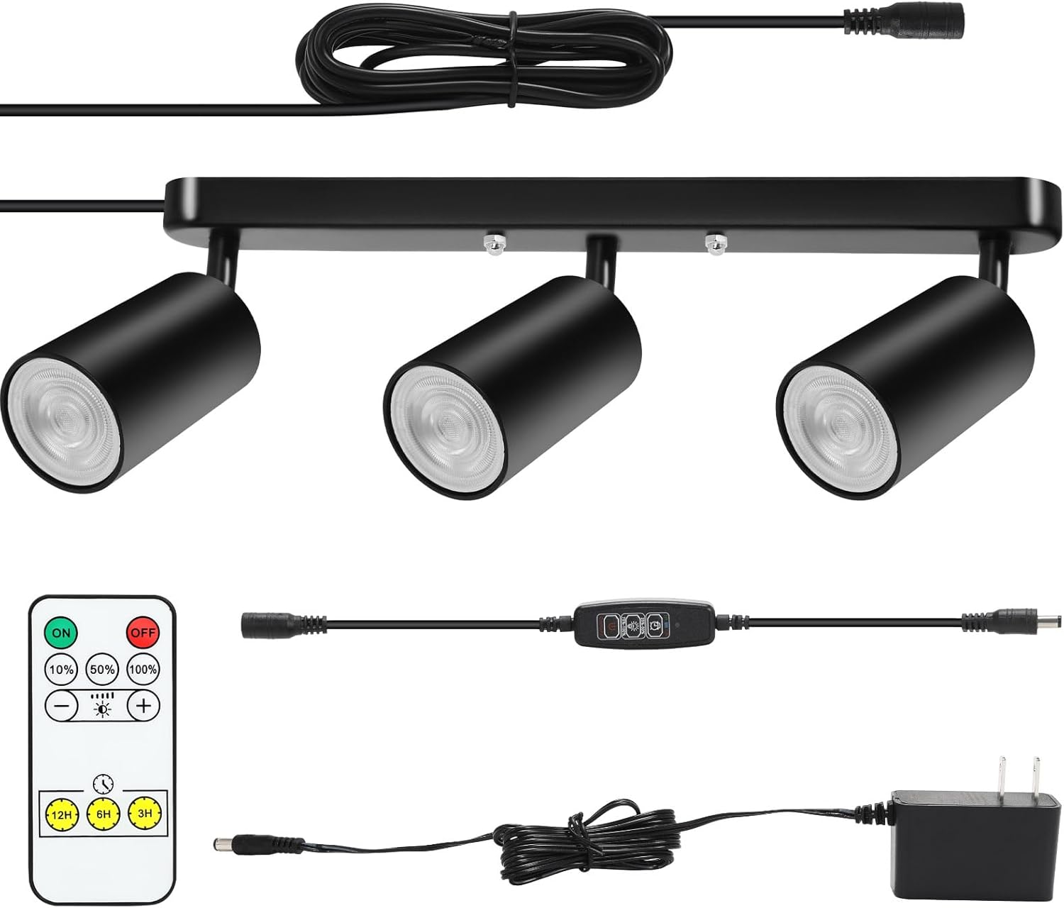 Plug in Track Lighting Track Light Fixtures with Power Cord Wall Spotlight Flexibly Rotatable Heads Plug in Ceiling Lights for Kitchen Cabinet Gallery Bar Living Room 15W 3000K(Black, 3 Heads)
