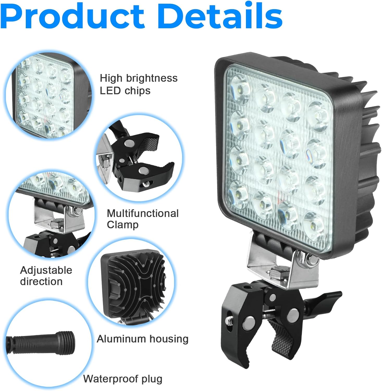 Boat Docking Headlights with Clamp Led Pod Lights 30W 6000K 12V Above Water Flood Marine Led for Kayak Bass Jon Fishing Boat Spreader Light T-top Deck Driving Stern Lights Truck Light