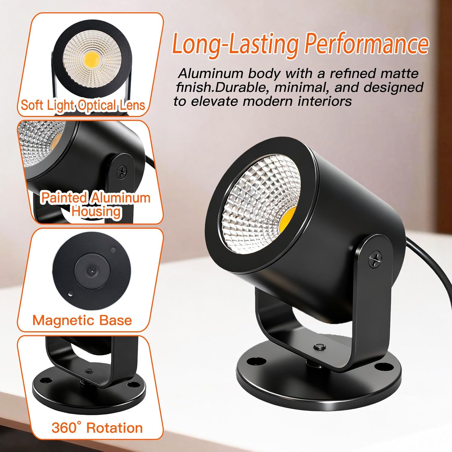 LED Spotlight Indoor 5W USB Powered 360 Degree Rotating Mini Display Accent Light for Pictures Paintings Plants Shelves Cabinet Showcase, 2 Pack Soft White 3000K